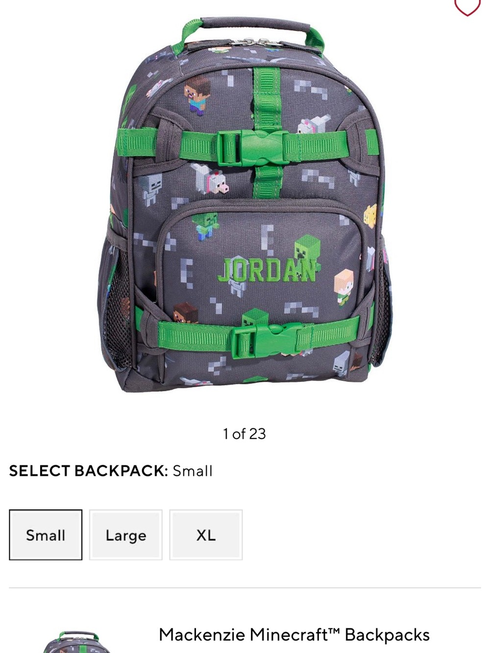 Pottery Barn Kids Gray and Green Minecraft Small Backpack